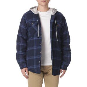 Men Blue Long Sleeve Quilted Lined Flannel Jacket Style W/Hood Button-Down Shirt